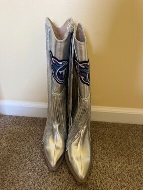 NFL Silver Metallic Fringe Women's Cowboy Boots with Team Patch- TN TITANS